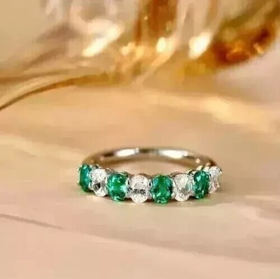 2.20Ct Round Simulated Green Emerald Promise Band Ring In 14K White Gold Plated