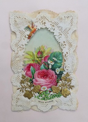 ORIGINAL VIKTORIANISCHE ENGLISCHE VALENTINSTAG PAPERLACE 3D EFFEKT LIEBE ANGEBOT 1860er