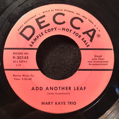 Add Another Leaf/Fools Rush In by Mary Kaye Trio (Decca 9-30145) 7'' PROMO VG