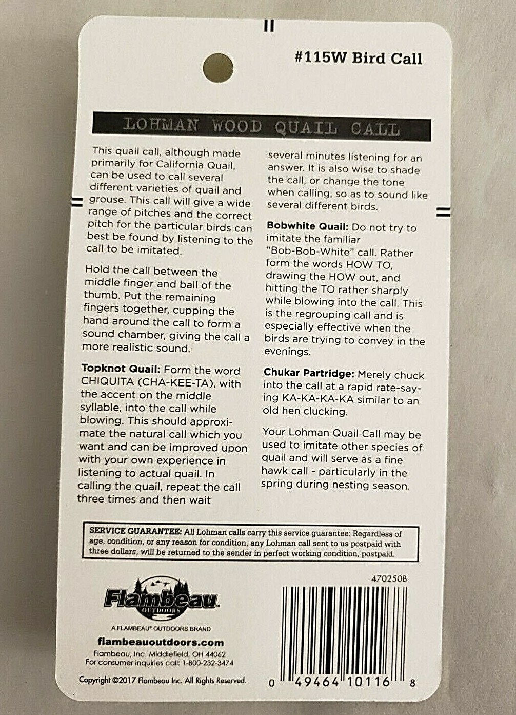 Lohman Wood Quail Call 115W California TopKnot Bobwhite Chukar NEW