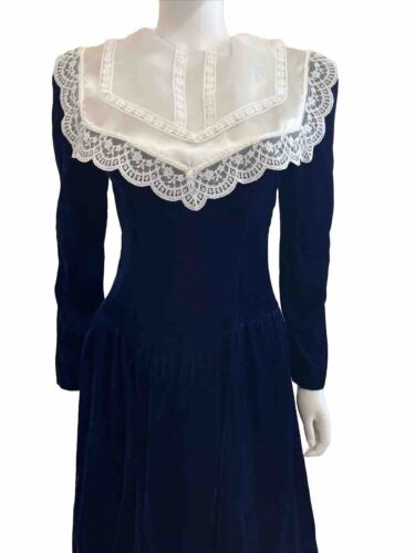 80s VINTAGE Gunne Sax Blue Velvet Lace Southern Belle Cottage Deb Dress S - Photo 1 sur 13