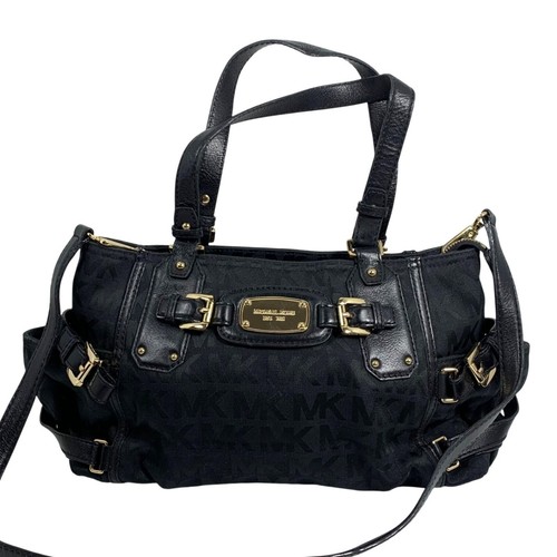 Michael Kors Black Canvas/Leather Gansevoort Shoulder Handbag + Gold Hardware