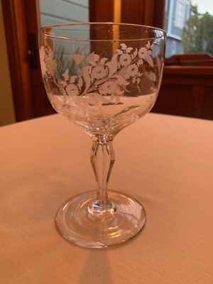 5 Crystal Lg Goblet Wine Glass w 4 Different Nature Engravings, Bubble in Stem
