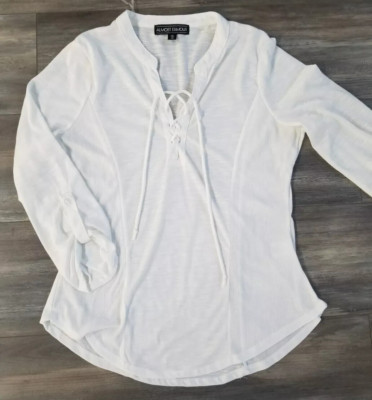 Almost Famous Women's Long Sleeve Top White Size Medium Lace Up Front Accent New