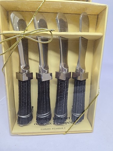 Vintage Pier 1 Imports Black Basket Weave Handle Cheese & Canapé Knife Sets NIB - 第 3/4 張圖片