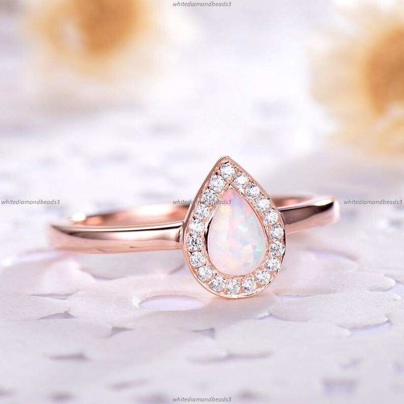 Natural Opalite Diamond Wedding Band Ring 14k Rose Gold Fine Jewelry-image