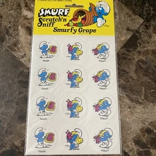 Vintage Scratch and Sniff Smurf Stickers Smurfy Grape New Sealed 80s Peyo