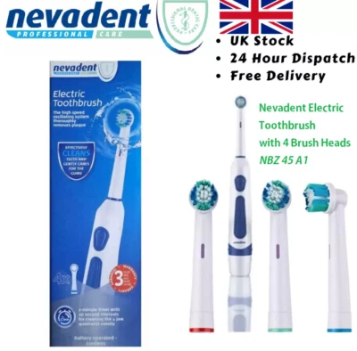 Nevadent Electric Toothbrush + 4 Brush Heads - Battery Powered - Travel Friendly