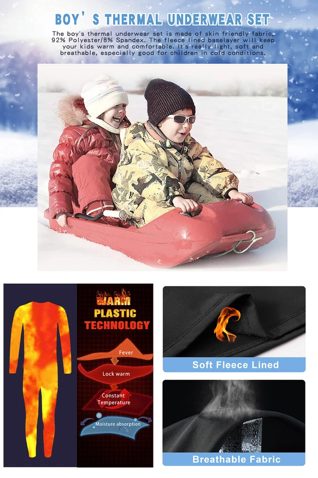 Kids Thermal Underwear Set Soft Fleece Lined Long Johns Warm Baselayer For Ski - Image 4 of 4