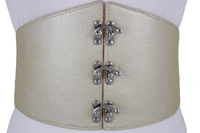 Saks Fifth Avenue Wide Beige Stretch Waist Belt Gold Hook Closure Women Elastic Gold Beige Wide Waistband Champagne Belt Hook  main image 4