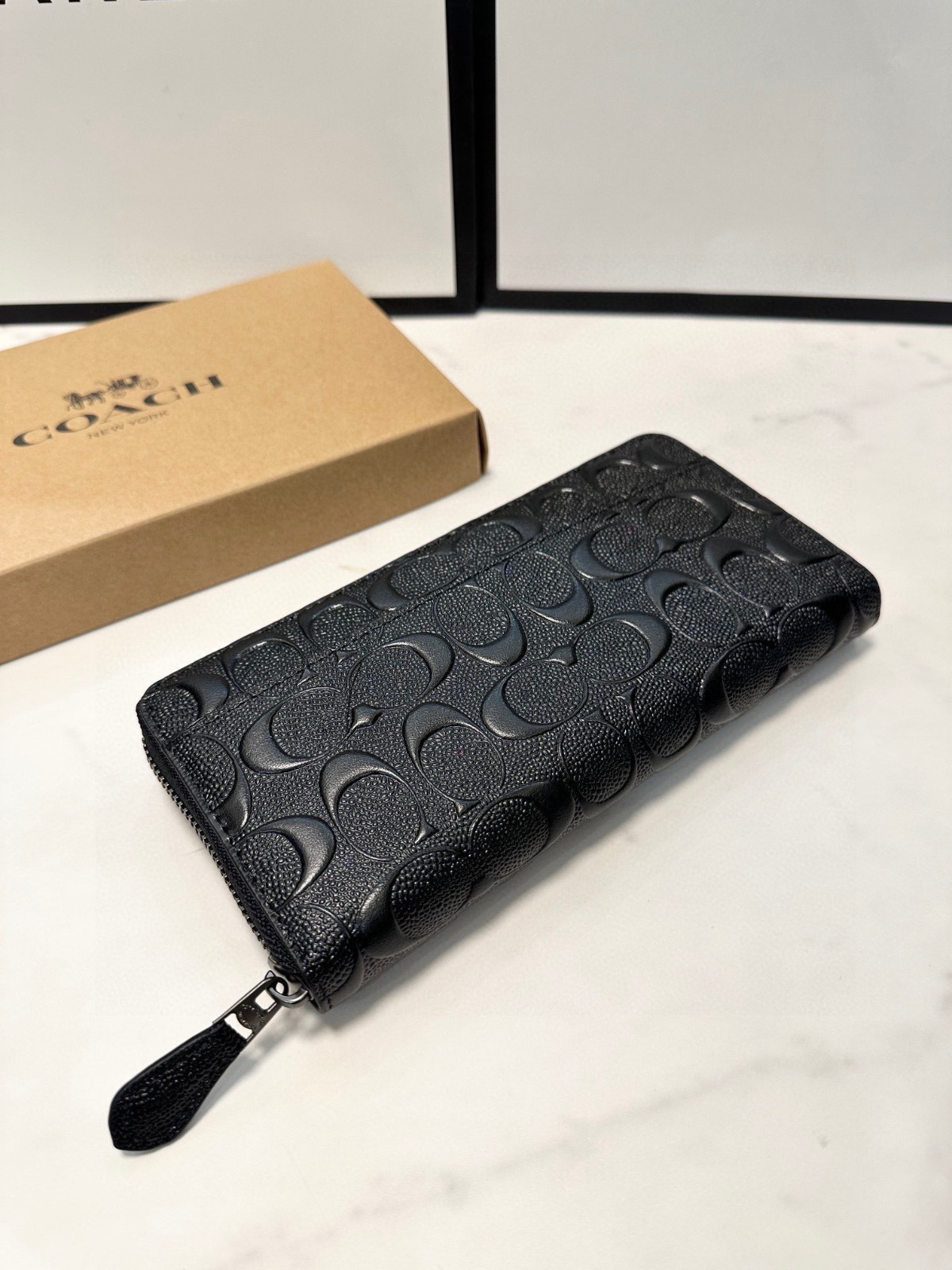NEW  Coach Embossed Signature Black Leather Long Accordion Zip Wallet