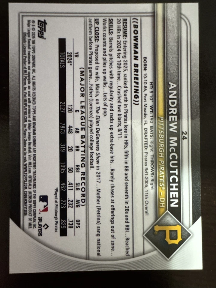 1ª Impresión 2025 Bowman Cromo Andrew McCutchen #24 Oro Geométrico Ref/50 Foto 3 de 3