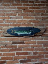 RUSTIC Atlantic Ocean Driftwood FOLK ART HAND PAINTED PIKE FISH