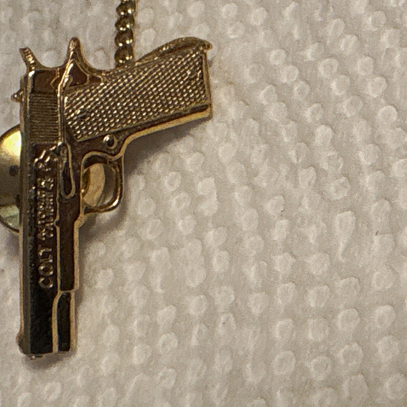 Colt Signed Men's Gold Tone .45 Automatic Gun Tie Tack w/ Chain & T-Bar
