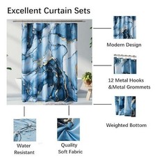 YOSTEV Blue Gold Marble Shower Curtain Set with Metal Hooks NEW