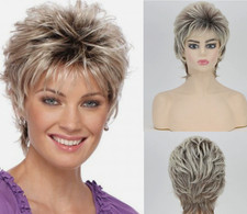 Short Layered Cut Straight Brown Mix Synthetic Hair Wigs Women Soft Natural