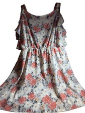 Floral Ruffle Cold Shoulder Mini Dress Peach Grey Elastic Waist Summer Sun Dress