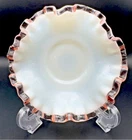 Vintage Fenton Rose Crest Milk Glass Bowl Or Candy Dish With Pink Ruffled Edges