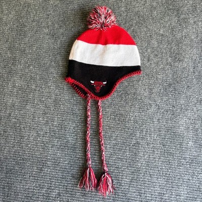 2014 Adidas Chicago Bulls NBA Earflap Beanie Hat Red White Black Pom Tassel