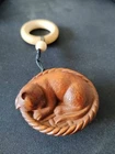 1.7-in Vintage Japanese Netsuke Boxwood Carved Sleeping Cat Statue Ornament