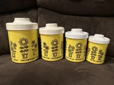 Set Of 4 Vintage MCM Metal Kitchen Canister Nesting Flowers Yellow Gold 60s-70s