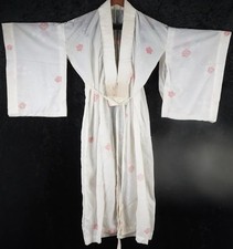 Vintage Japanese White Silk Kimono Pink Floral Motif Robe Traditional Nagajuban