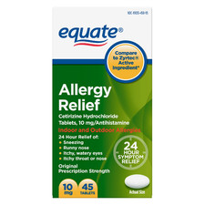 Equate 24 Hour Cetirizine Hydrochloride Allergy Relief Tablets, 10 Mg, 45 Count