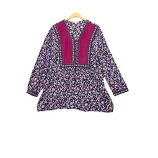 Woman Within Size 1X 22/24 Tunic Floral Button Front Peasant Boho Top Long Slv