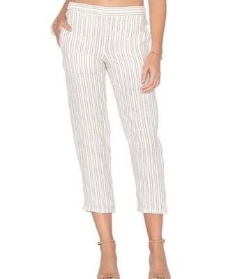 Theory Linen Cream W/ Blue Striped Pants. Cropped. Preppy. Luxury. Sz 4 Stretch