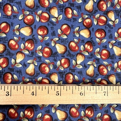 Country Apple & Pear Cotton Sewing Fabric Blue Retro Fruit Toss - BY HALF YARD