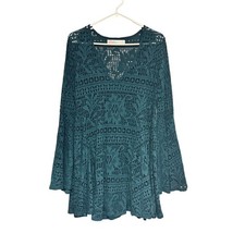 Free People Beach Goldie Crochet Bell Sleeve Tunic Dress Teal Green Medium Boho
