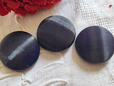 Lot De 3 Boutons Anciens En Verre Bleu - Diamètre 20 Mm - Mercerie Vintage - Occasion - Origine France