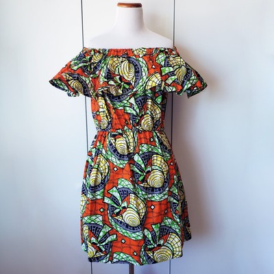 Grass Fields African Wax Print Off Shoulder Dress
