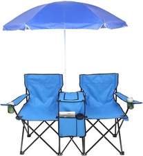 Folding Double Camping Chair w/Umbrella Beverage Holder Carrying Bag Cooler Fold