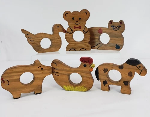 6 Wooden Napkin Rings Primitive Rustic Farm Animals 4in hand crafted Vintage