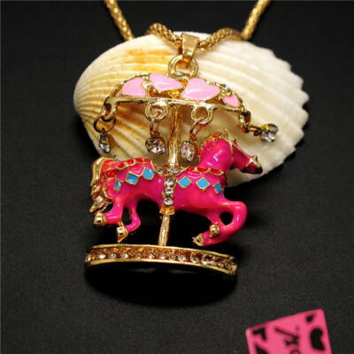 New Enamel Rose Carousel Crystal Fashion Lady Pendant Sweater Women's Necklace