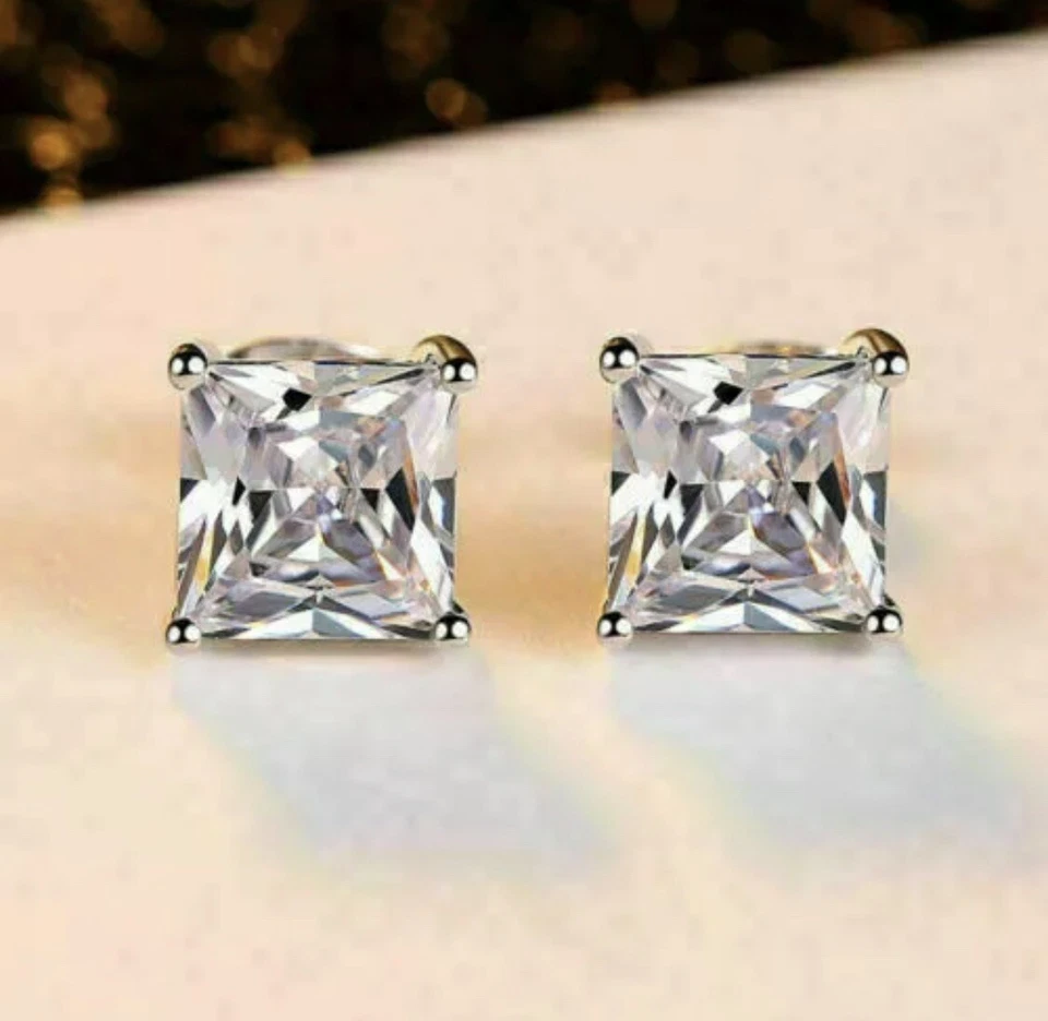 4 Ct Princess Cut VVS1/D Lab Created Stud Earrings 14K White Gold 7mm Push Back - Image 2 of 4