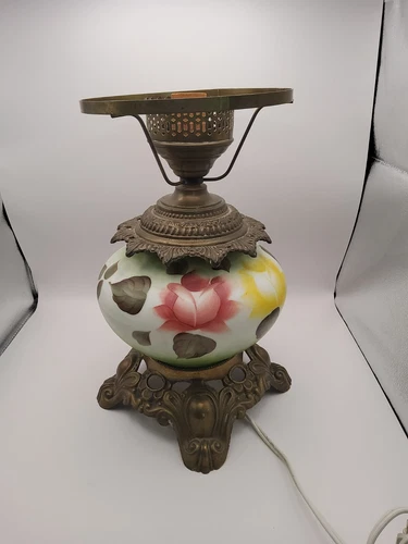 Vintage Floral Milk Glass Brass Base Table Lamp, untested