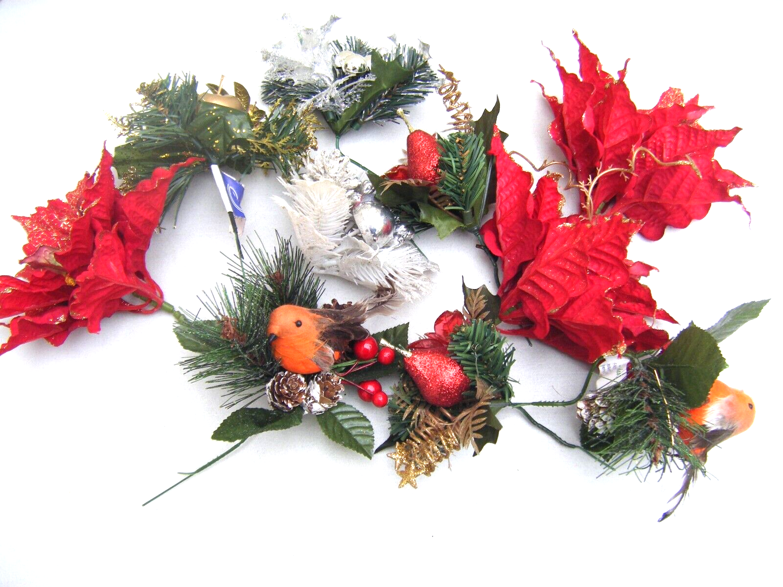 Artificial Holly Poinsettia Cone Spruce Robin Bundle 10x  Bunch Spray Green Red