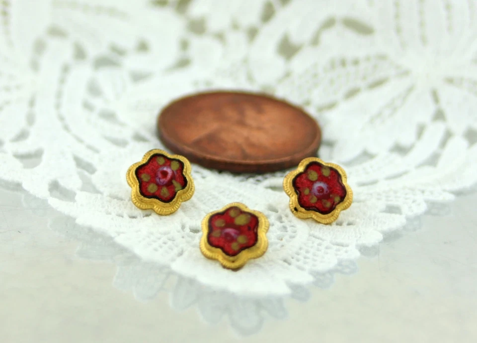 Set of 3 Antique Gold Diminutive Size Cranberry Red Enamel Pink Rose Buttons  - Image 3 of 4