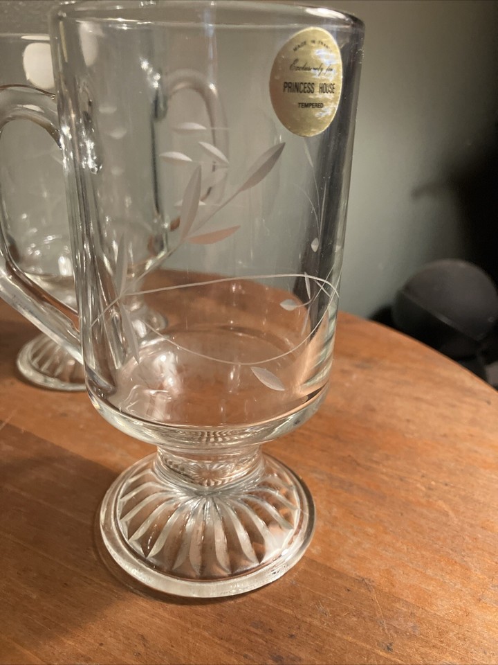 Princess House Heritage Clear Etched Crystal Irish Coffee Pedestal Mugs