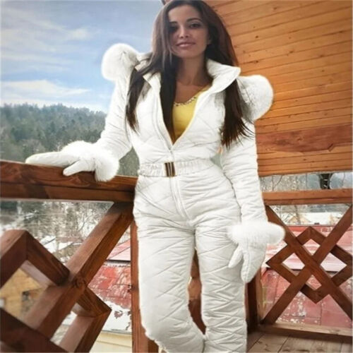 Women's Snowsuit One Piece Ski Suit Jumpsuits Fur Collar With Hood Ski Jackets - Picture 12 of 15