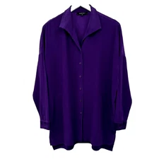 Lafayette 148 New York Tunic Top Shirt Blouse Medium 100% Silk Pockets Purple