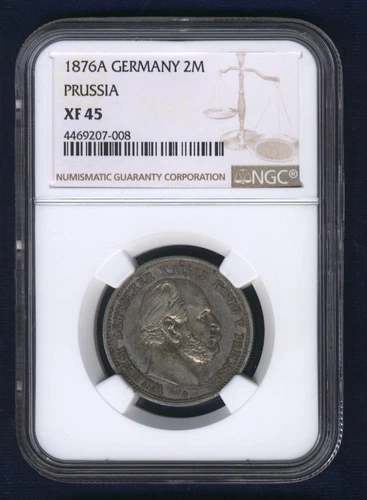 GERMANY PRUSSIA  WILHELM  1876-A  2 MARK SILVER COIN, NGC CERTIFIED XF-45
