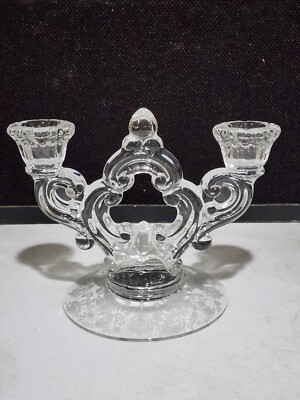 1- Vintage Cambridge Rose Point Etched Base Double Candelabra Keyhole Stem