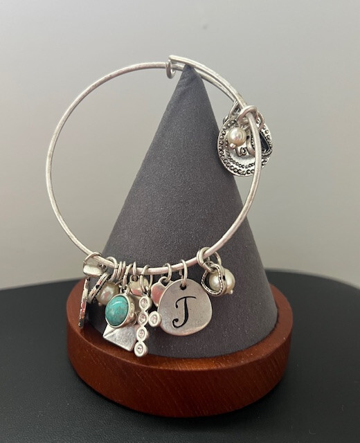 Adjustable Silver Tone Slide Bangle Bracelet w/Ch… - image 1