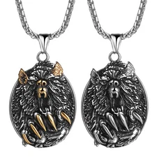 Mens Vintage Viking Bear Claw Round Pendant Amulet Stainless Steel Necklace 22in