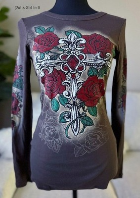 USA New VOCAL APPAREL Womens CRYSTAL BROWN CROSS RED ROSES SHIRT S Small Y2K