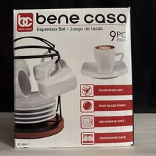 Bene Casa 9 Piece Espresso Set W/Iron Rack & Bamboo Stand, White, New