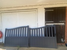 Grey Pedestrian Garden Gates Set of 2 Curved Top Vertical Slatted Single Swing